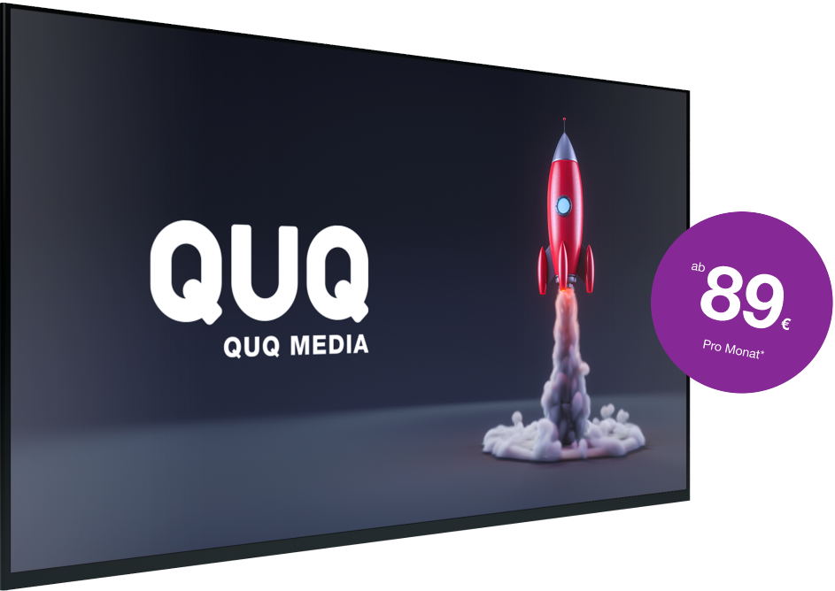 Bildschirm mit QUQ Logo und Rakete und Preis